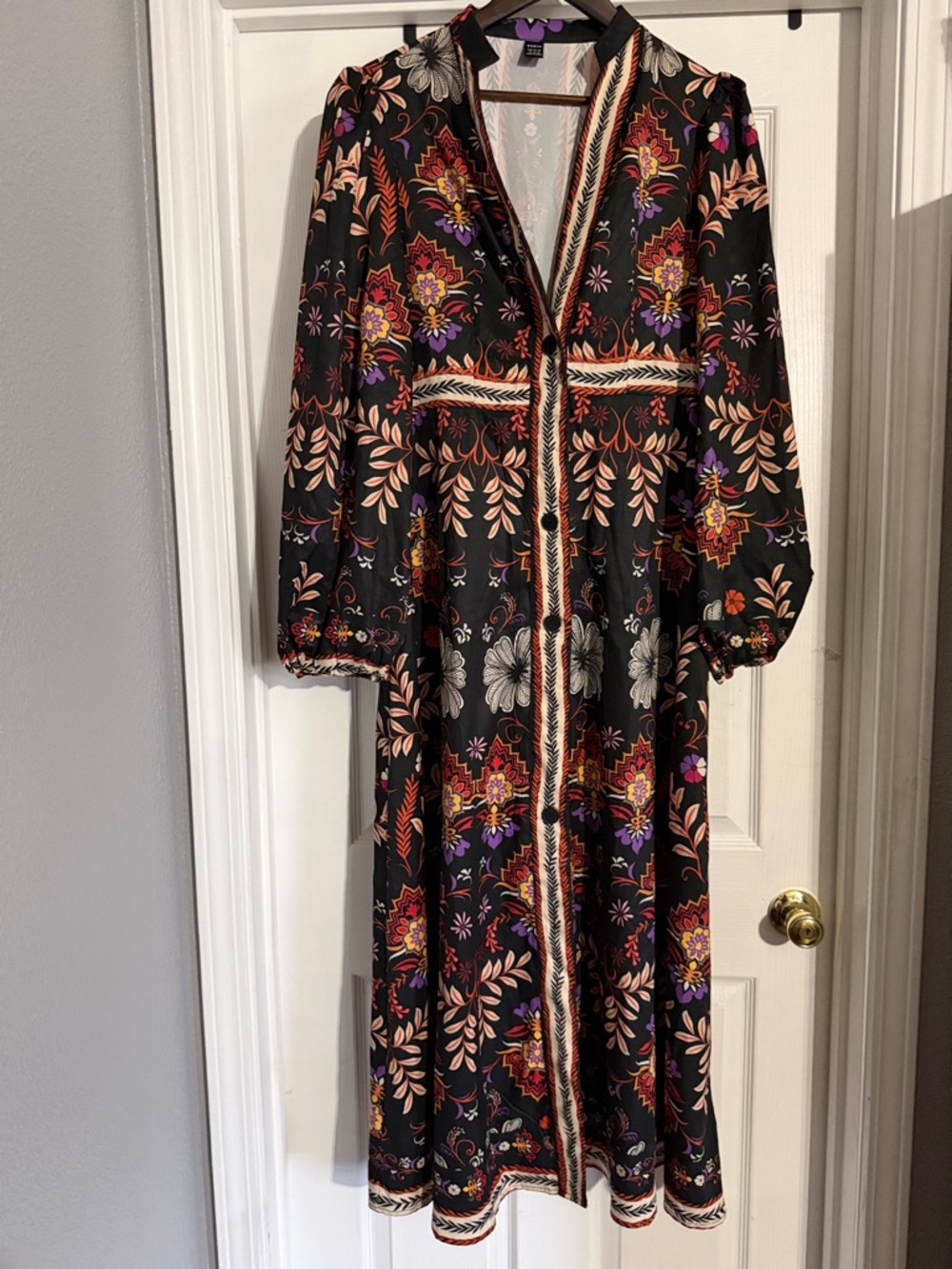 SHEIN Black Floral Midi Dress with Pink Purple & Cream Accents